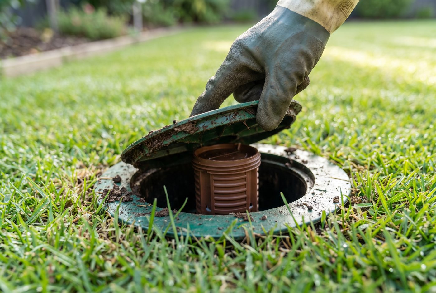 In ground termite baiting and monitoring station being checked in a Melbourne lawn