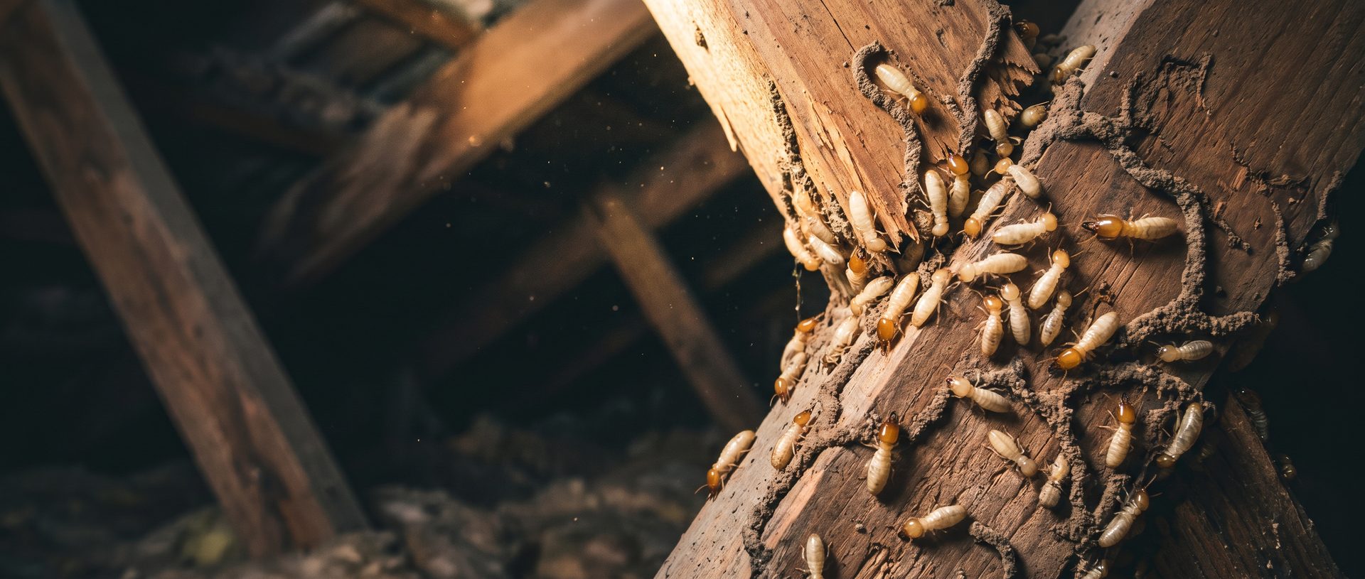 Subterranean termites eating into a structural roof beam inside a Melbourne home