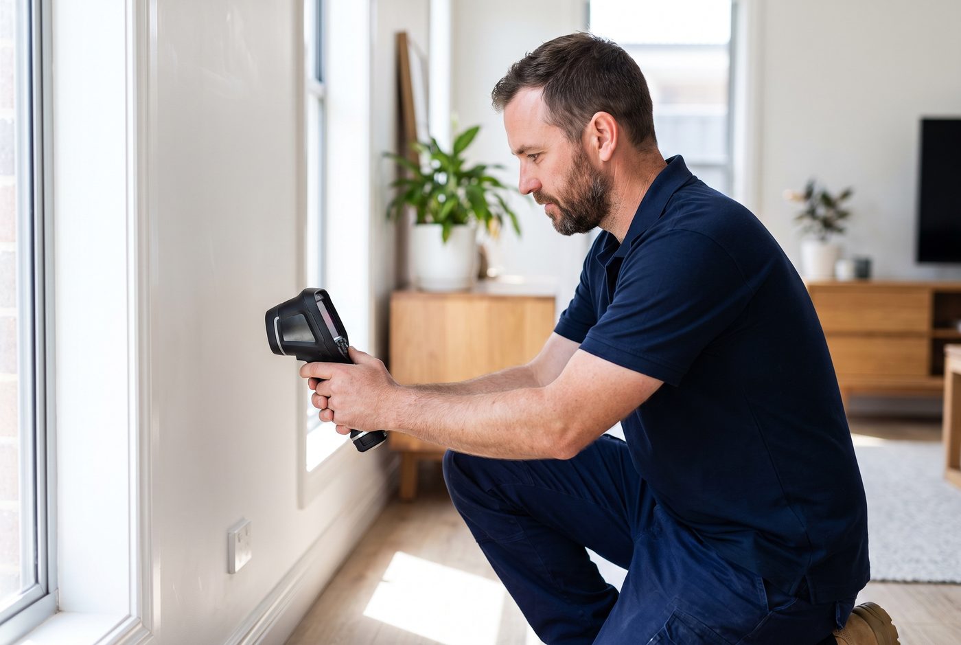 Melbourne termite technician scanning a wall with a thermal imaging camera